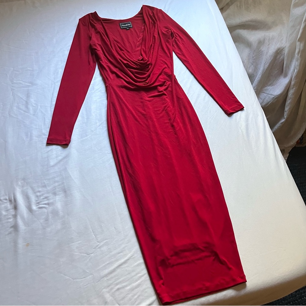 NOOKIE red knit draped cowl long sleeve bodycon midi dress